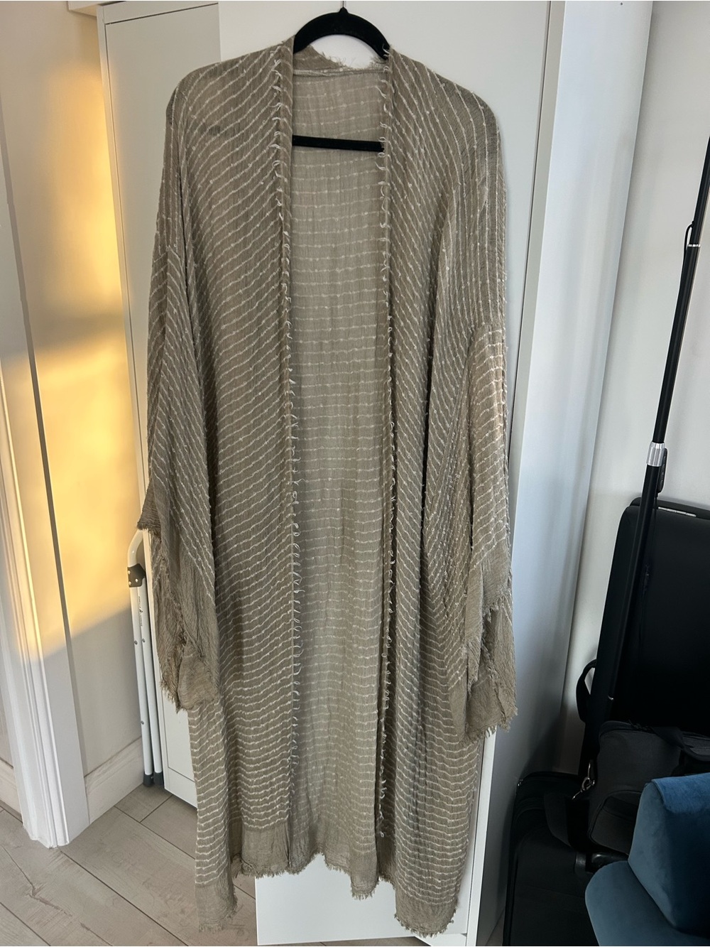 Light Taupe Open-Front Fringe Knit Coatigan -